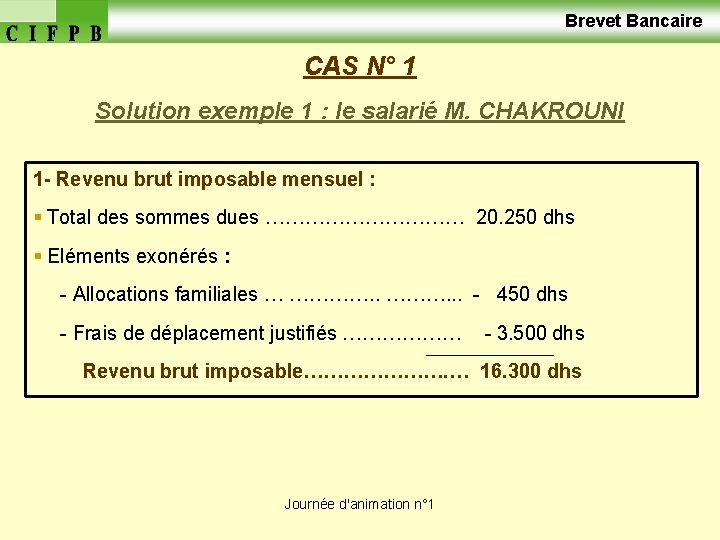  Brevet Bancaire CAS N° 1 Solution exemple 1 : le salarié M. CHAKROUNI