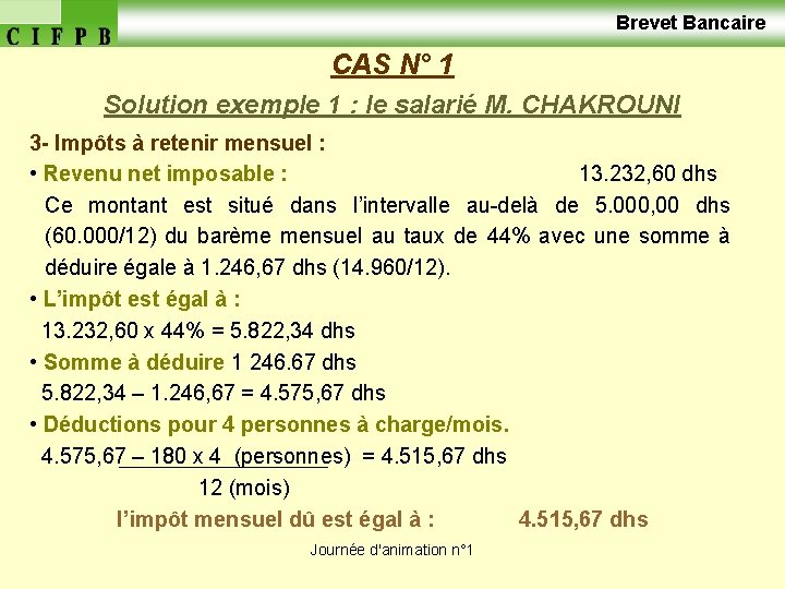  Brevet Bancaire CAS N° 1 Solution exemple 1 : le salarié M. CHAKROUNI