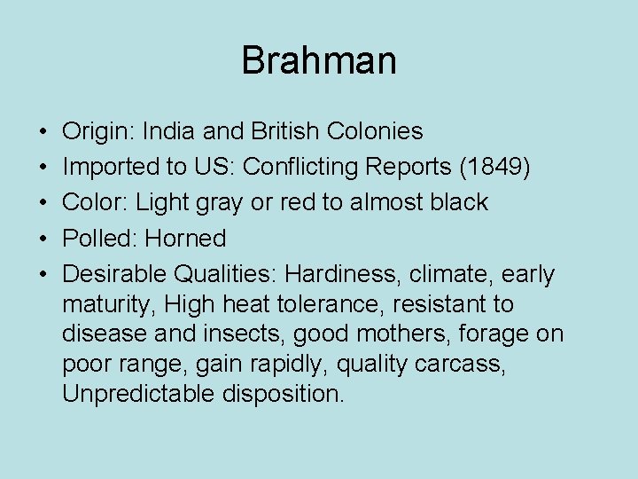 Brahman • • • Origin: India and British Colonies Imported to US: Conflicting Reports