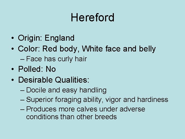 Hereford • Origin: England • Color: Red body, White face and belly – Face