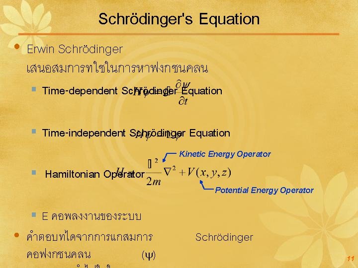 Schrödinger's Equation Erwin Schrödinger เสนอสมการทใชในการหาฟงกชนคลน § Time-dependent Schrödinger Equation § Time-independent Schrödinger Equation Kinetic