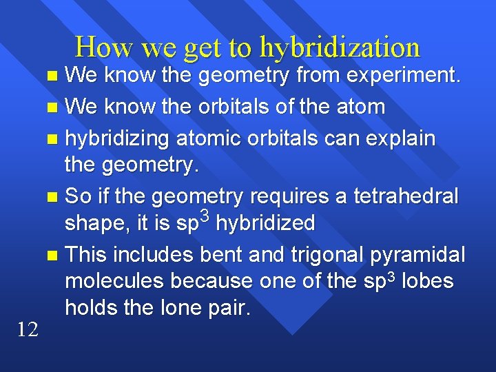 How we get to hybridization We know the geometry from experiment. n We know