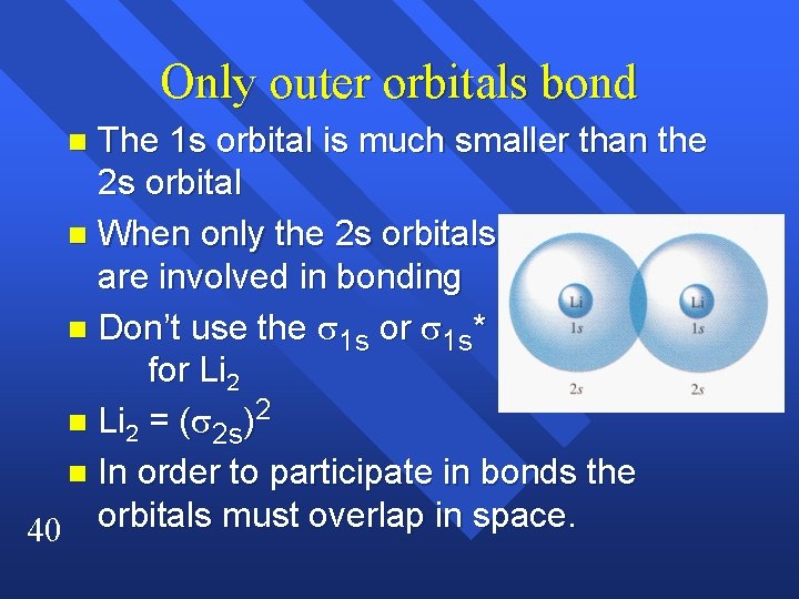 Only outer orbitals bond The 1 s orbital is much smaller than the 2