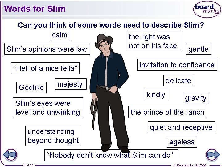 Words for Slim Can you think of some words used to describe Slim? calm
