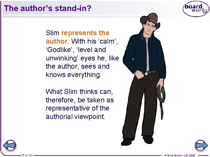 The author’s stand-in? Slim represents the author. With his ‘calm’, ‘Godlike’, ‘level and unwinking’