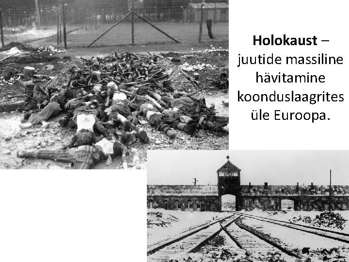 Holokaust – juutide massiline hävitamine koonduslaagrites üle Euroopa. 