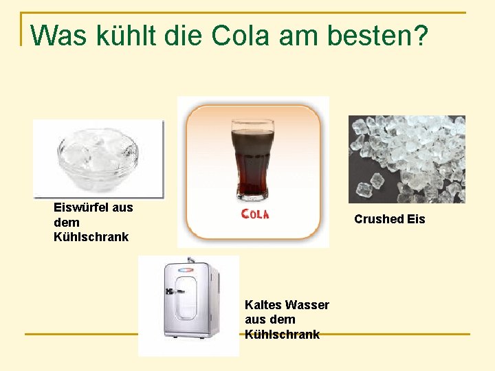 Was kühlt die Cola am besten? Eiswürfel aus dem Kühlschrank Crushed Eis Kaltes Wasser