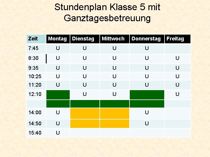 Stundenplan Klasse 5 mit Ganztagesbetreuung Zeit Montag Dienstag Mittwoch Donnerstag Freitag 7: 45 U