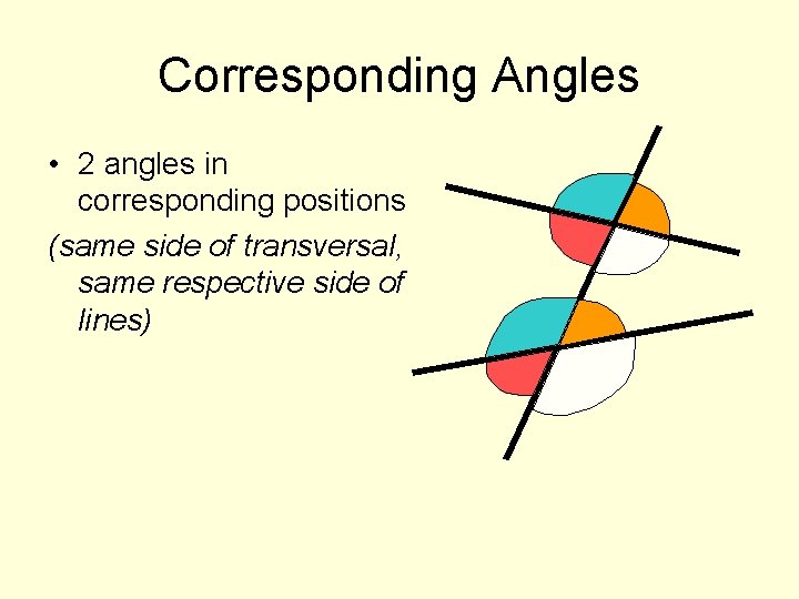 Corresponding Angles • 2 angles in corresponding positions (same side of transversal, same respective