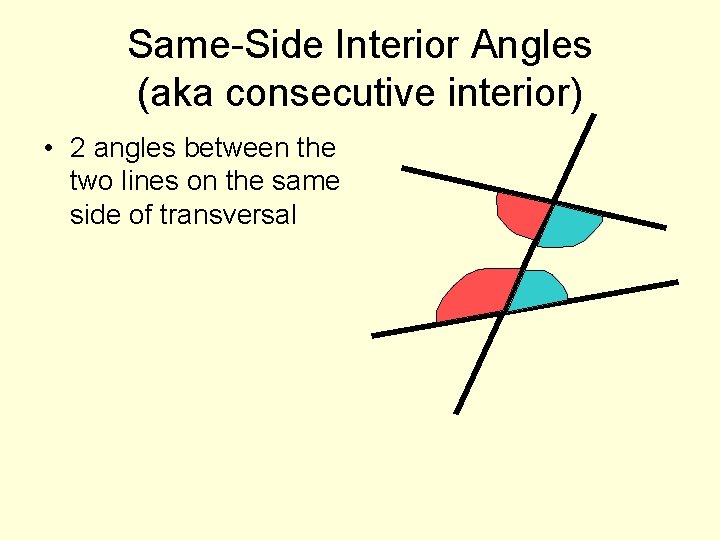 Same-Side Interior Angles (aka consecutive interior) • 2 angles between the two lines on