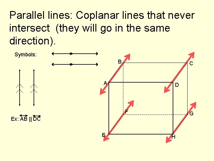 Parallel lines: Coplanar lines that never intersect (they will go in the same direction).