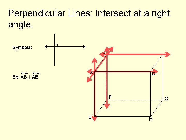 Perpendicular Lines: Intersect at a right angle. Symbols: B Ex: AB AE C A