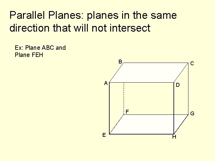 Parallel Planes: planes in the same direction that will not intersect Ex: Plane ABC