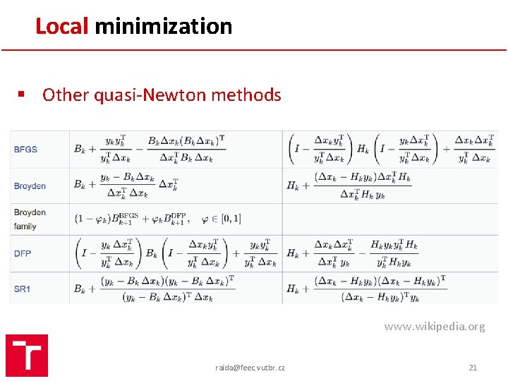 Local minimization § Other quasi-Newton methods www. wikipedia. org raida@feec. vutbr. cz 21 