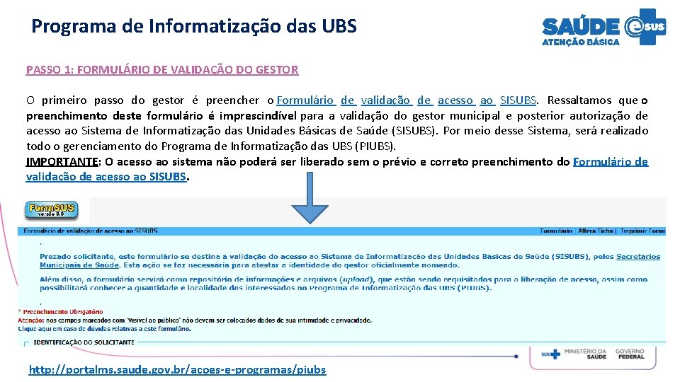 Programa de Informatização das UBS PASSO 1: FORMULÁRIO DE VALIDAÇÃO DO GESTOR O primeiro