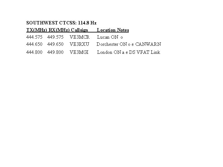 SOUTHWEST CTCSS: 114. 8 Hz TX(MHz) RX(MHz) Callsign Location Notes 444. 575 449. 575