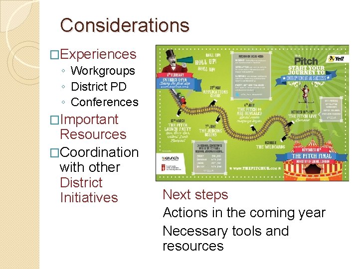 Considerations �Experiences ◦ Workgroups ◦ District PD ◦ Conferences �Important Resources �Coordination with other