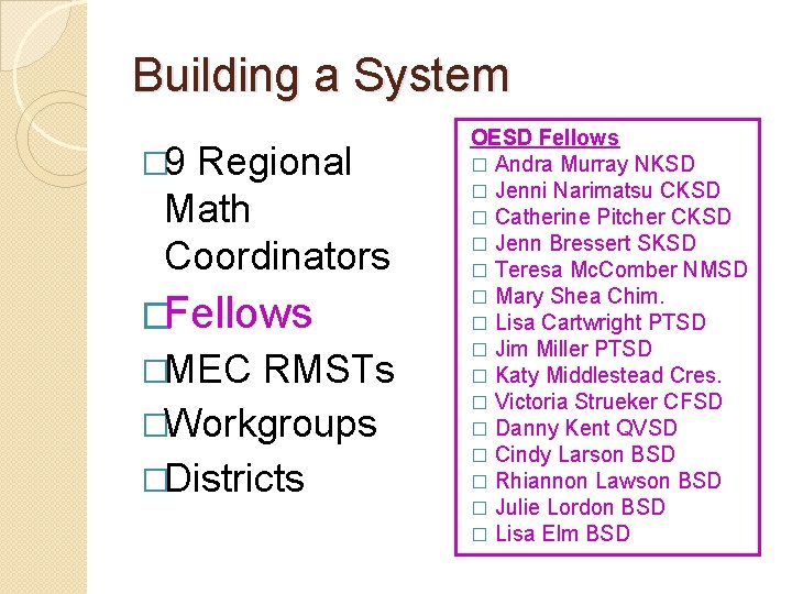 Building a System � 9 Regional Math Coordinators �Fellows �MEC RMSTs �Workgroups �Districts OESD