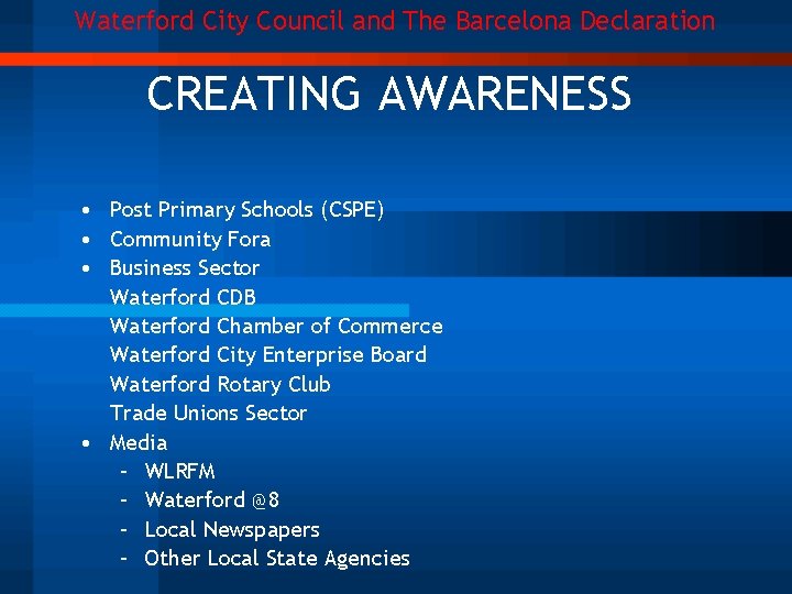 Waterford City Council and The Barcelona Declaration CREATING AWARENESS • Post Primary Schools (CSPE)