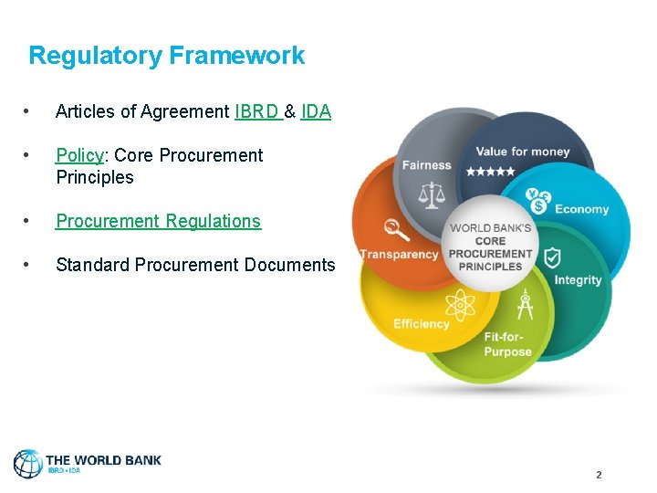 Regulatory Framework • Articles of Agreement IBRD & IDA • Policy: Core Procurement Principles