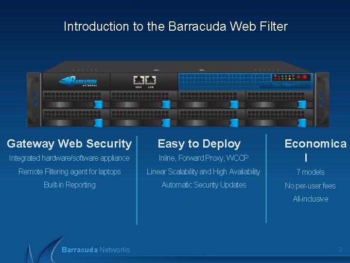 Introduction to the Barracuda Web Filter Gateway Web Security Easy to Deploy Economica l