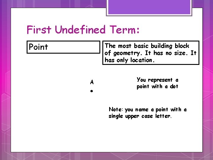 First Undefined Term: Point The most basic building block of geometry. It has no