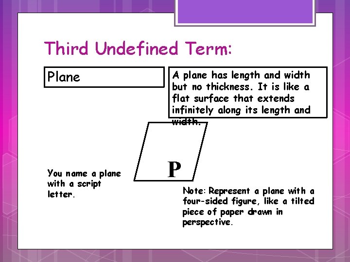 Third Undefined Term: Plane You name a plane with a script letter. A plane