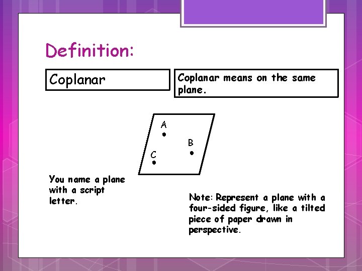 Definition: Coplanar means on the same plane. A ● C ● You name a