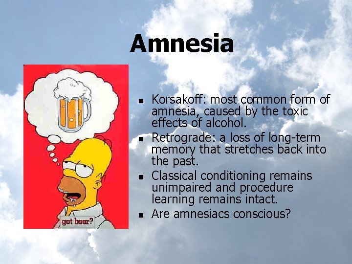 Amnesia n n Korsakoff: most common form of amnesia, caused by the toxic effects