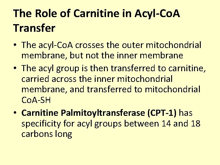 The Role of Carnitine in Acyl-Co. A Transfer • The acyl-Co. A crosses the