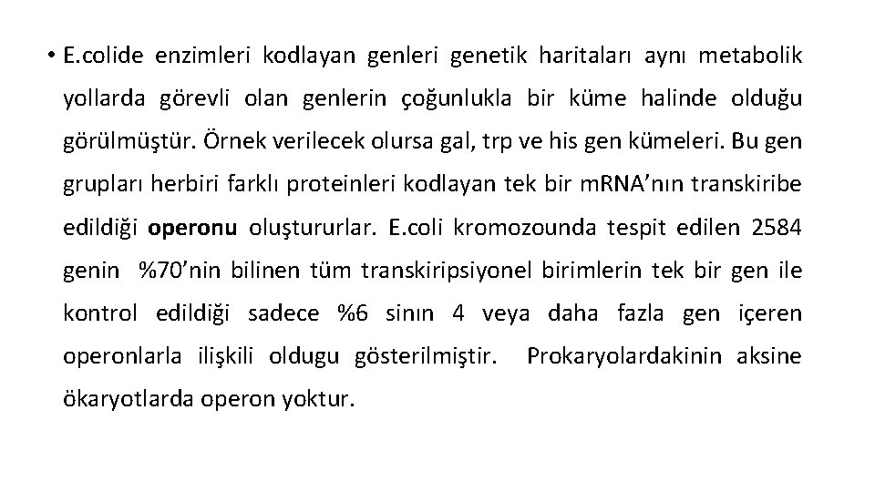  • E. colide enzimleri kodlayan genleri genetik haritaları aynı metabolik yollarda görevli olan