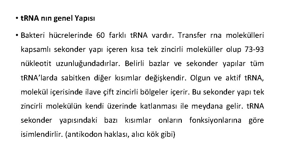  • t. RNA nın genel Yapısı • Bakteri hücrelerinde 60 farklı t. RNA