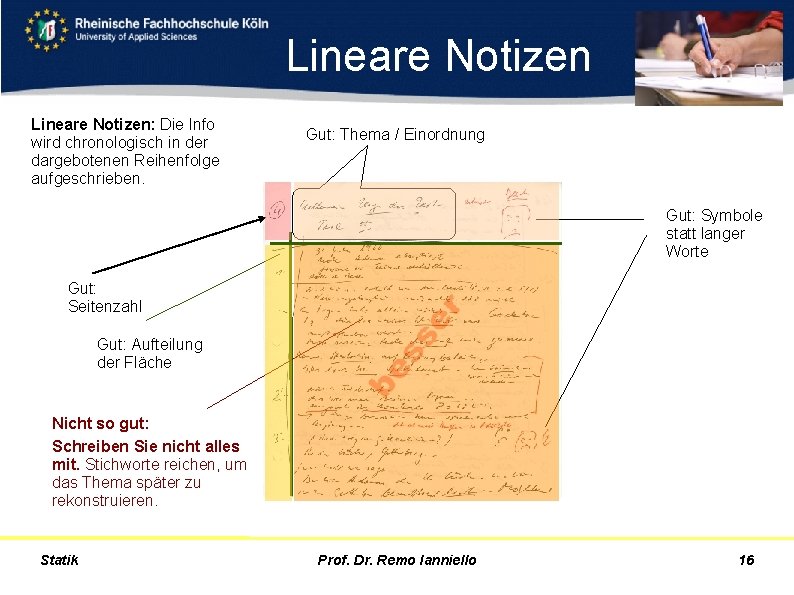 Lineare Notizen: Die Info wird chronologisch in der dargebotenen Reihenfolge aufgeschrieben. Gut: Thema /