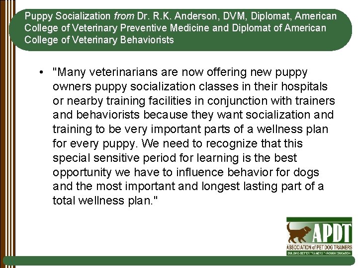 Puppy Socialization from Dr. R. K. Anderson, DVM, Diplomat, American College of Veterinary Preventive