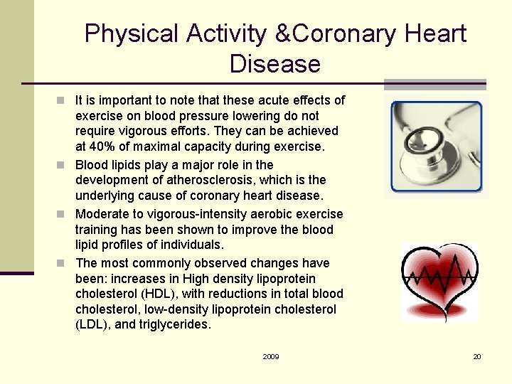 Physical Activity &Coronary Heart Disease n It is important to note that these acute