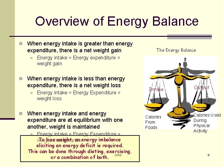 Overview of Energy Balance n When energy intake is greater than energy expenditure, there