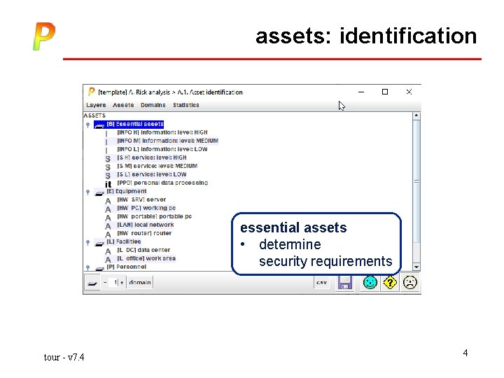 assets: identification essential assets • determine security requirements tour - v 7. 4 4