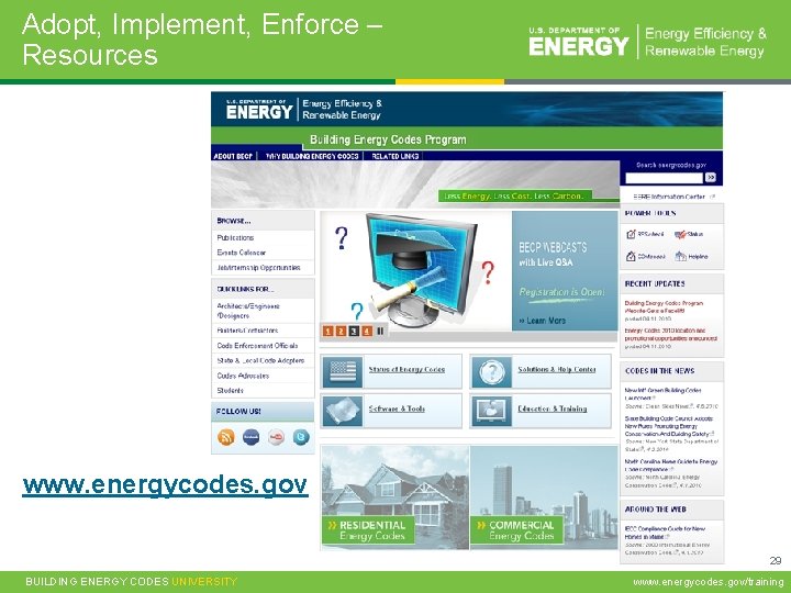 Adopt, Implement, Enforce – Resources www. energycodes. gov 29 BUILDING ENERGY CODES UNIVERSITY www.