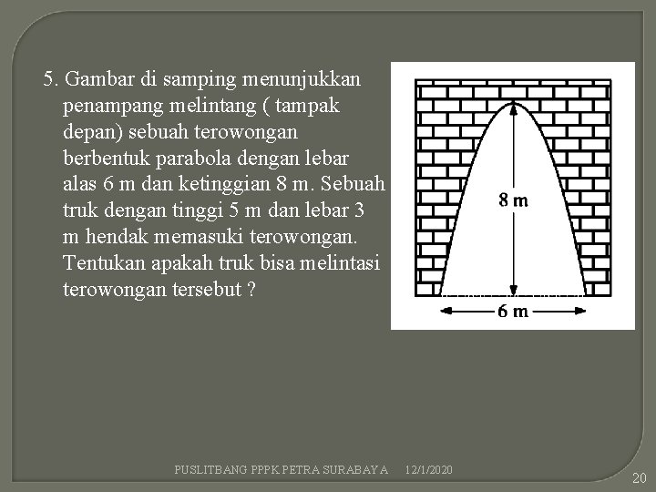 5. Gambar di samping menunjukkan penampang melintang ( tampak depan) sebuah terowongan berbentuk parabola