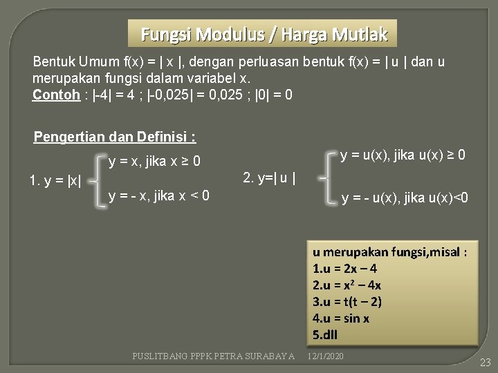 Fungsi Modulus / Harga Mutlak Bentuk Umum f(x) = | x |, dengan perluasan