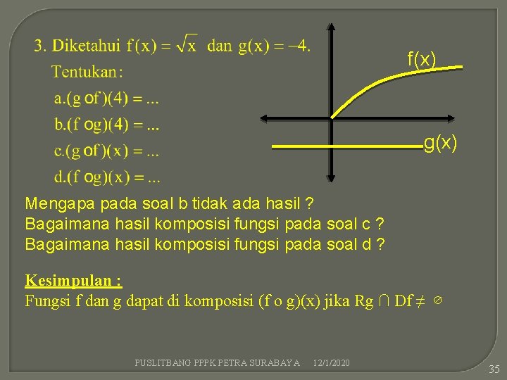 f(x) g(x) Mengapa pada soal b tidak ada hasil ? Bagaimana hasil komposisi fungsi