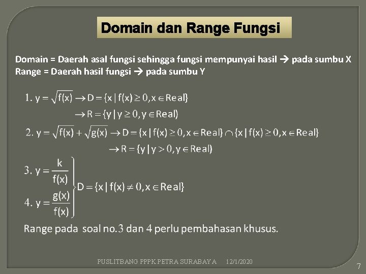 Domain dan Range Fungsi Domain = Daerah asal fungsi sehingga fungsi mempunyai hasil pada