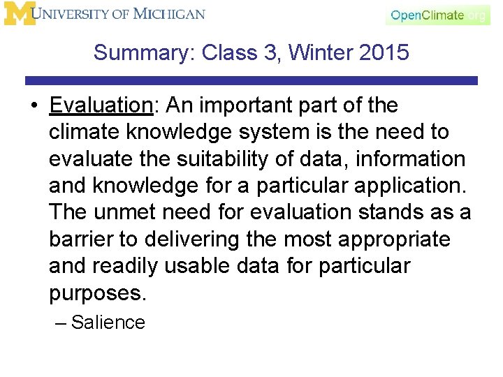 Summary: Class 3, Winter 2015 • Evaluation: An important part of the climate knowledge