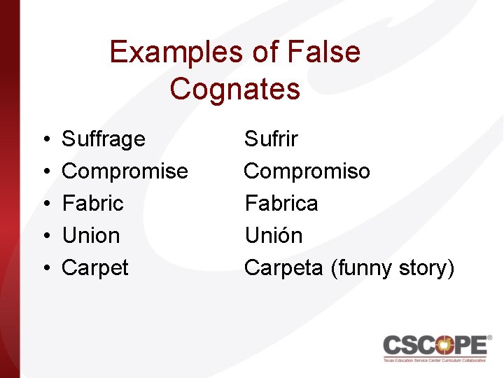 Examples of False Cognates • • • Suffrage Compromise Fabric Union Carpet Sufrir Compromiso