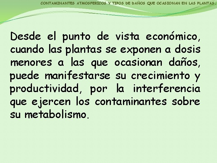 CONTAMINANTES ATMOSFERICOS Y TIPOS DE DAÑOS QUE OCASIONAN EN LAS PLANTAS. Desde el punto