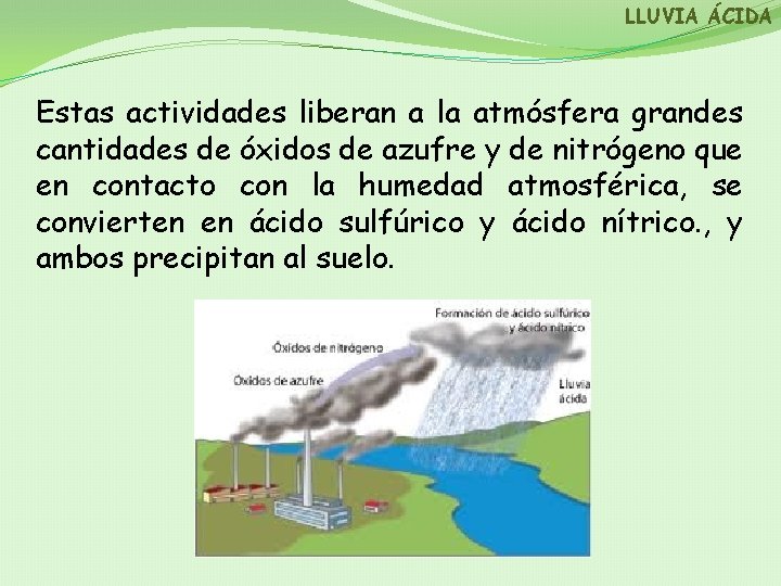 LLUVIA ÁCIDA Estas actividades liberan a la atmósfera grandes cantidades de óxidos de azufre