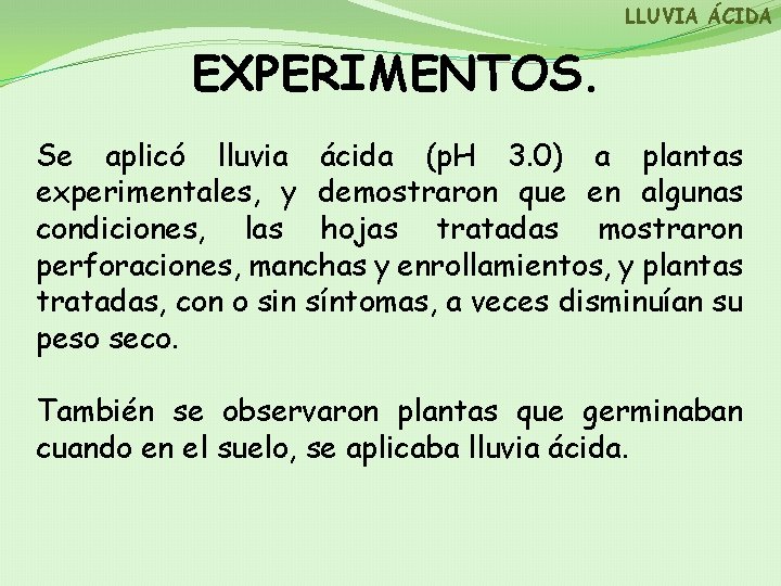 LLUVIA ÁCIDA EXPERIMENTOS. Se aplicó lluvia ácida (p. H 3. 0) a plantas experimentales,