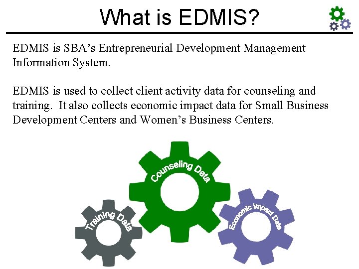 What is EDMIS? EDMIS is SBA’s Entrepreneurial Development Management Information System. EDMIS is used