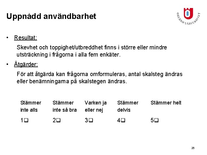 Uppnådd användbarhet • Resultat: Skevhet och toppighet/utbreddhet finns i större eller mindre utsträckning i