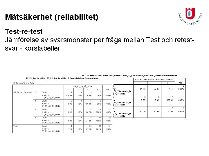 Mätsäkerhet (reliabilitet) Test-re-test Jämförelse av svarsmönster per fråga mellan Test och retestsvar - korstabeller